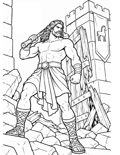coloring page of Herakles breaking down the gates of Troy