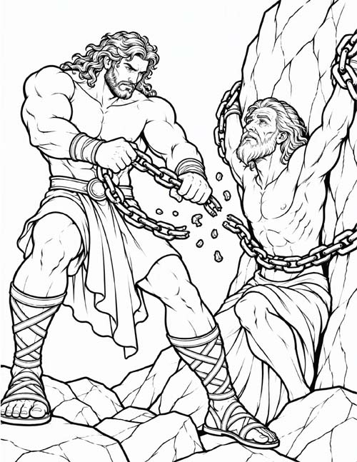 coloring page of Herakles breaking Prometheus' chains