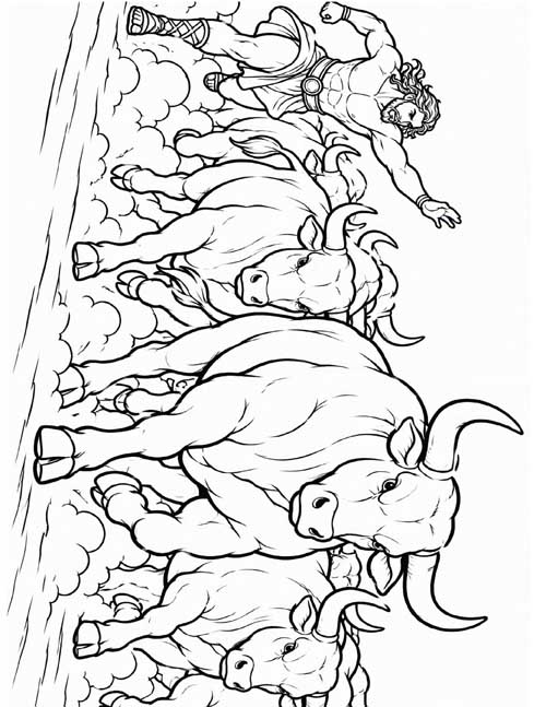 coloring page of Herakles driving the cattle of Geryon