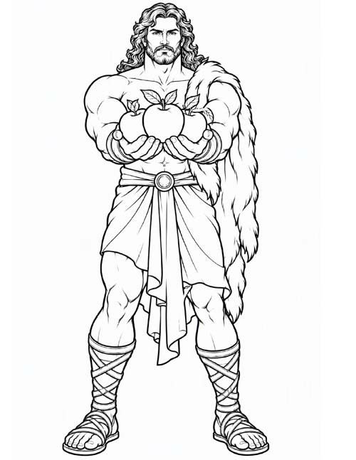 coloring page of Herakles holding three golden apples