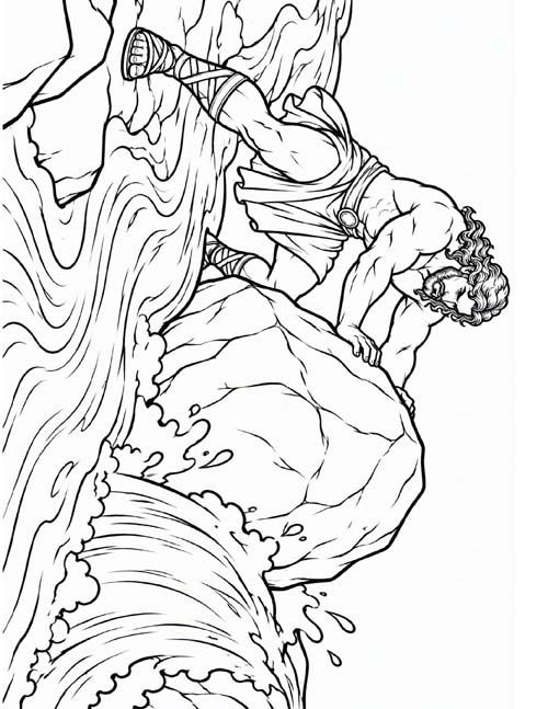 coloring page of Herakles pushing a boulder to block the river