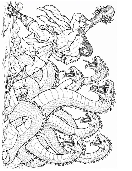 coloring page of Herakles battling the hydra