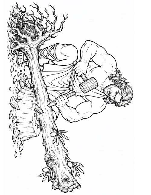 coloring page of the Greek hero Herakles making his oak club