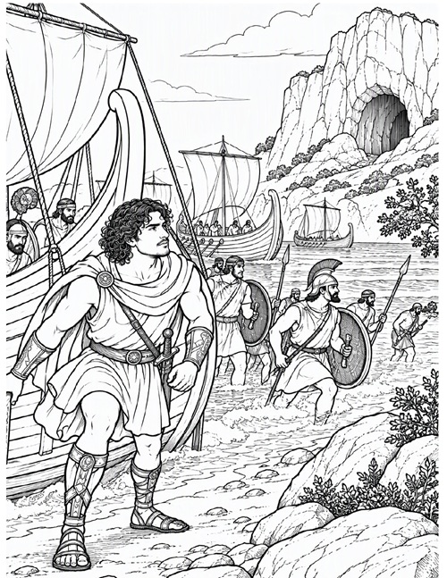 coloring page of Odysseus landing on the island of the Cyclops