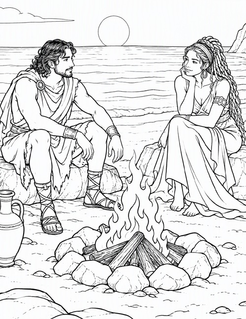 coloring page of Odysseus and Calypso by the fire