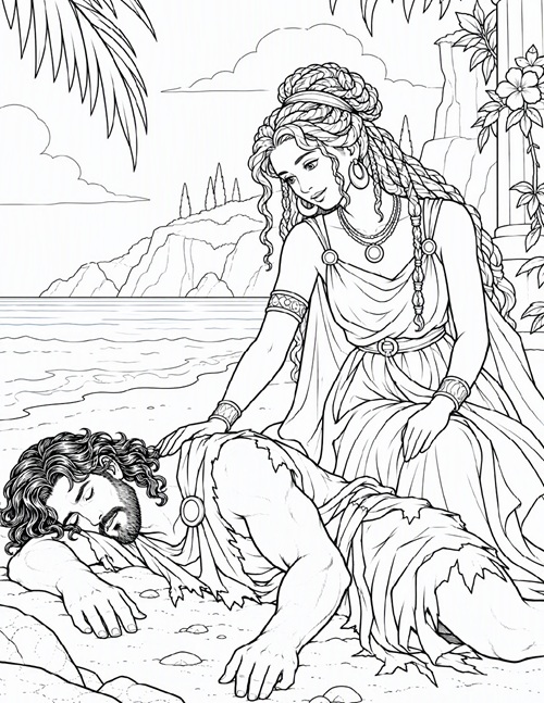coloring page of Odysseus and Calypso