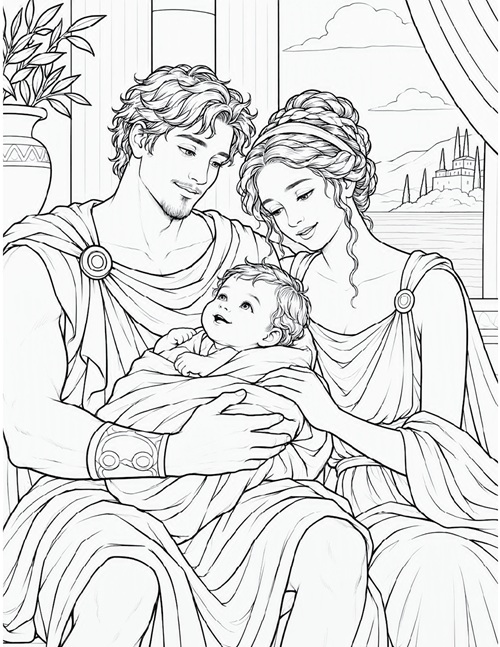 coloring page of Odysseus, Penelope and their son, Telemachus