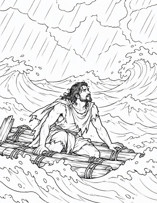 coloring page of Odysseus on a raft home