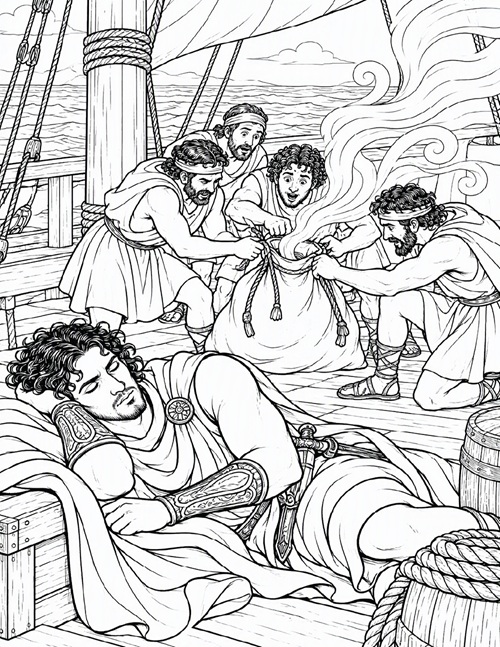 coloring page of Odysseus sleeping while his men free the winds