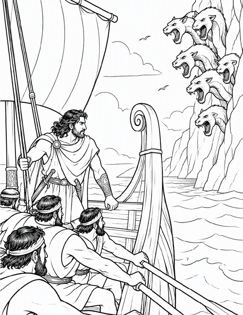 coloring page of Odysseus attacked by Scylla