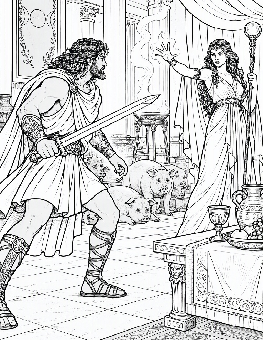 coloring page of Odysseus threatening Circe