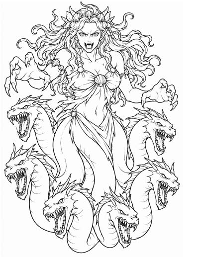 Coloring page of the six-headed sea monster Scylla