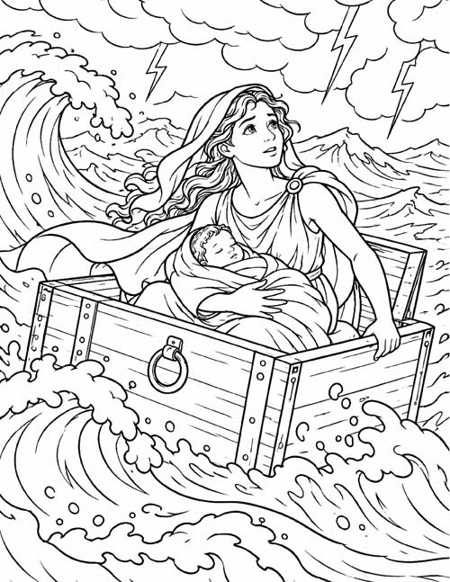 Greek mythology coloring page of Danae and baby Perseus