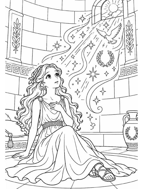 Greek mythology coloring page of Danae watching Zeus arrive in a swirl of magic