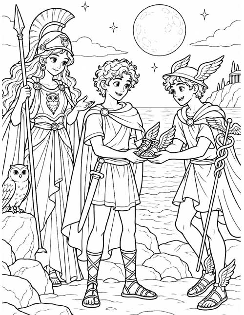 Greek mythology coloring page of Hermes giving winged sandals to Perseus