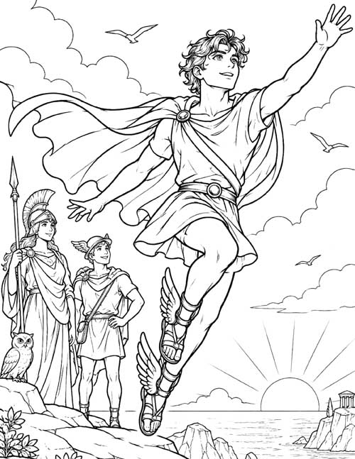 Greek mythology coloring page of Perseus with winged sandals