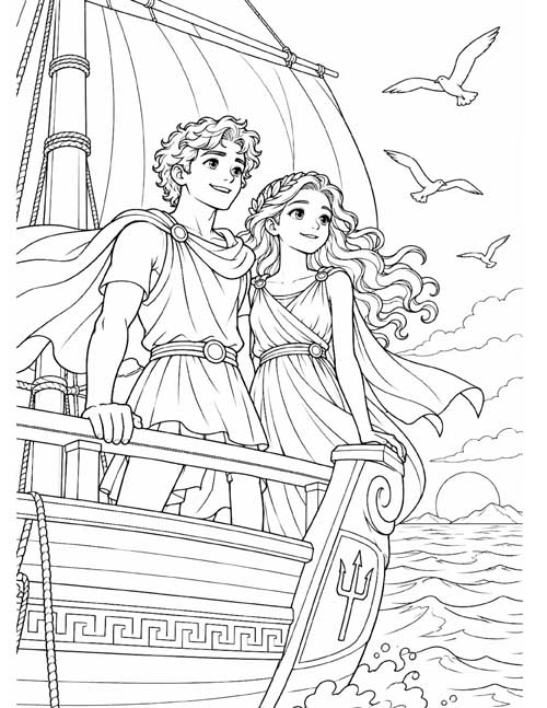 Greek mythology coloring page of Andromeda and Perseus sailing away