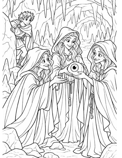 Cartoon coloring page of Perseus and the Gray Sisters holding their magic eye