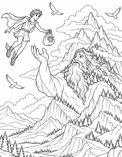 Greek mythology coloring page of Perseus turning Atlas to a mountain