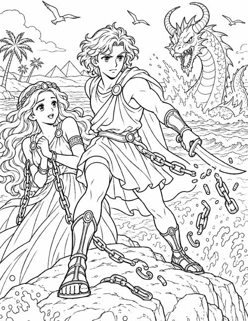 Greek mythology coloring page of Perseus cuts Andromeda's chains