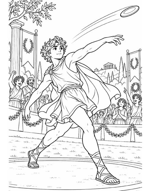 Greek mythology coloring page of Perseus throwing a discus