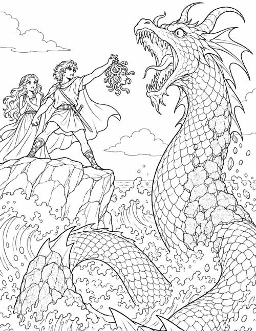 Greek mythology coloring page of Perseus saves Andromeda by turning the sea monster to stone