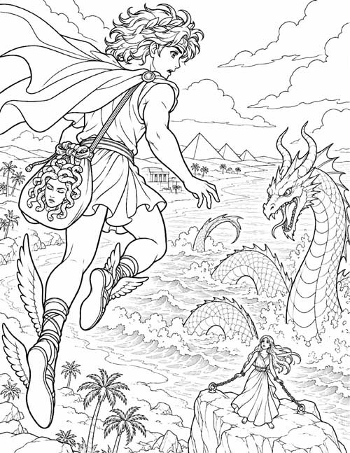 Greek mythology coloring page of Perseus sees Andromeda in danger