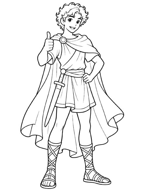Greek mythology classic coloring page of Perseus giving a thumbs up. Full length character.
