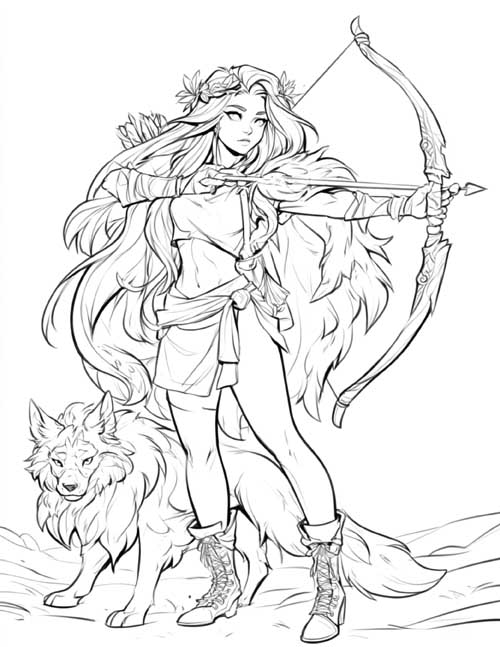 coloring page of Alcippe aiming her bow beside her dog