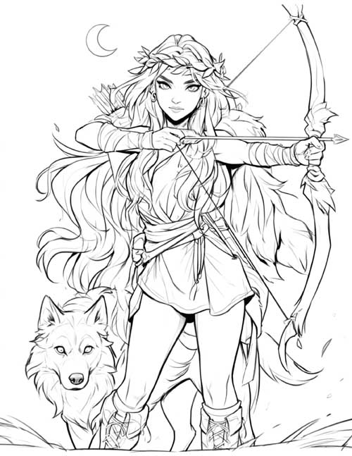 coloring page of Alcippe drawing her bow beneath a crescent moon