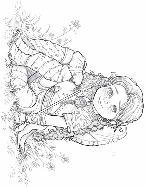 coloring page of a young Amazon trainee resting in a field of wildflowers