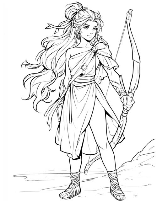 coloring page of Antiope with a high ponytail, a bow, and a quiver