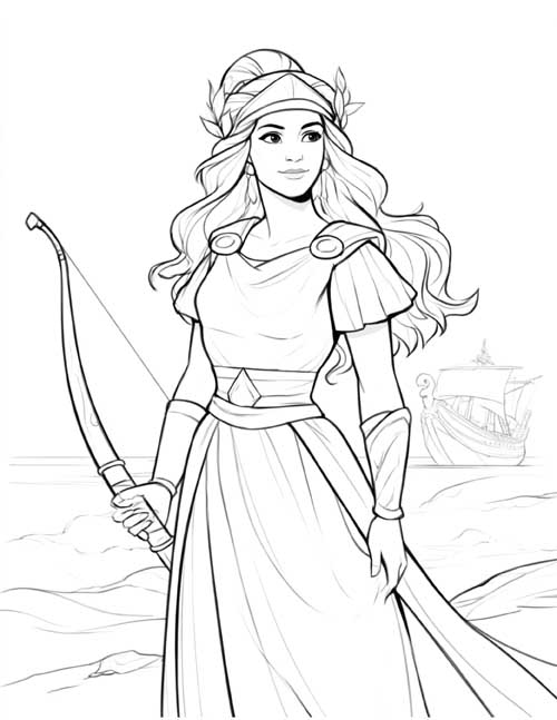 coloring page of Antiope with a bow and a Greek ship in the distance