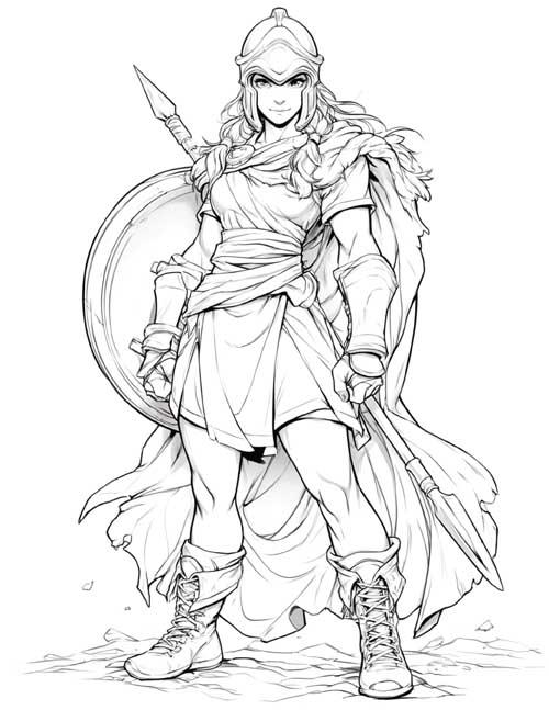 coloring page of Clonia, an Amazon foot soldier with a helmet, round shield, and spear