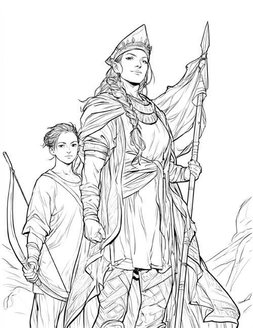 coloring page of Marpesia and Orithyia standing together, Marpesia holding a banner spear