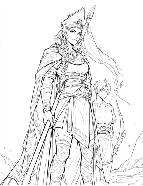 coloring page of Marpesia, the commanding Amazon queen, with Lampedo behind her