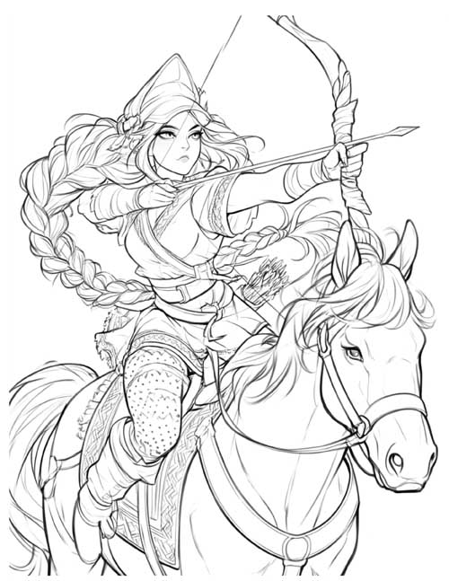 coloring page of Melanippe, an Amazon archer on horseback, twisting in the saddle to shoot backward