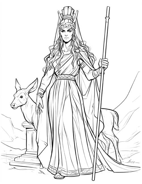 coloring page of Otrera, first queen of the Amazons, standing beside an altar with a deer