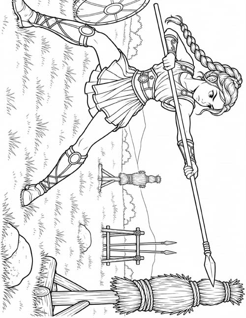 coloring page of Penthesilea practising with a spear against a straw target