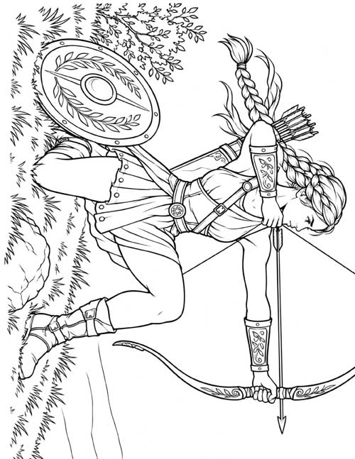 coloring page of Penthesilea kneeling and drawing her bow