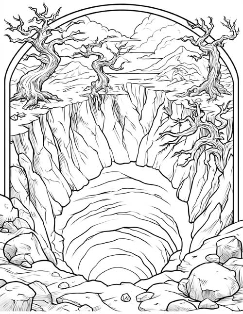 dark, deep underground cavern coloring page