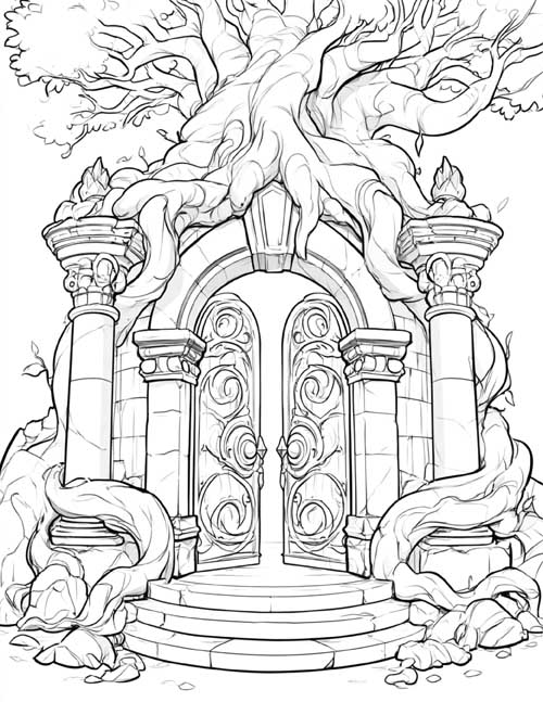 classic coloring page of the gates to the underworld