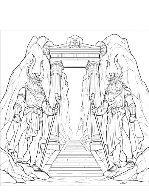 coloring page of giants guarding the path to the underworld