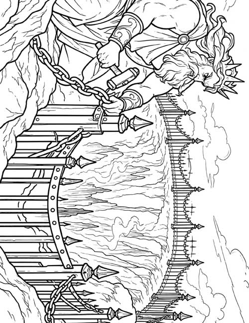 coloring page of Poseidon putting up the gates of Tartarus