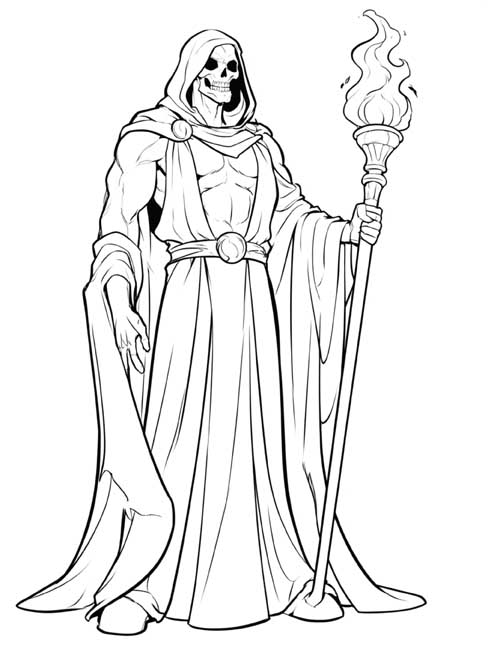 coloring page of a skeletal Thanatos holding a torch