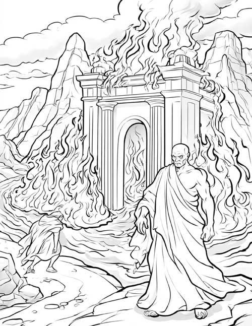 Greek Underworld coloring page of Rhadamanthys and the river of fire