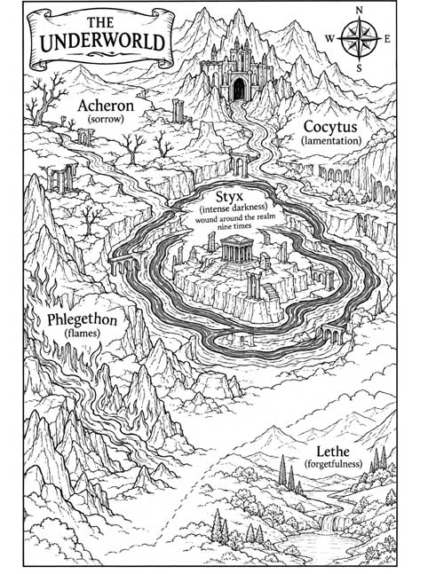 graphic novel style coloring page of a map of the underworld including the five rivers