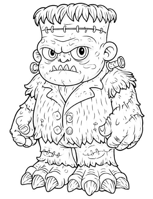 cartoon coloring page of a chunky furry Frankenstein's monster with clawed feet