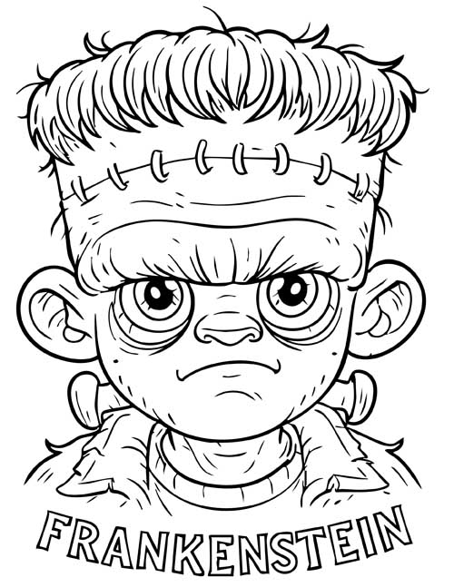 cartoon coloring page of a grumpy Frankenstein's monster with big eyes and the word FRANKENSTEIN