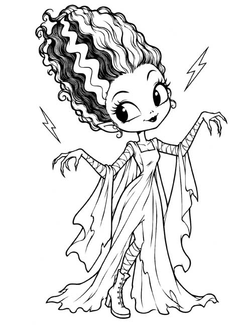 cute coloring page of the bride of Frankenstein with a big head and hair